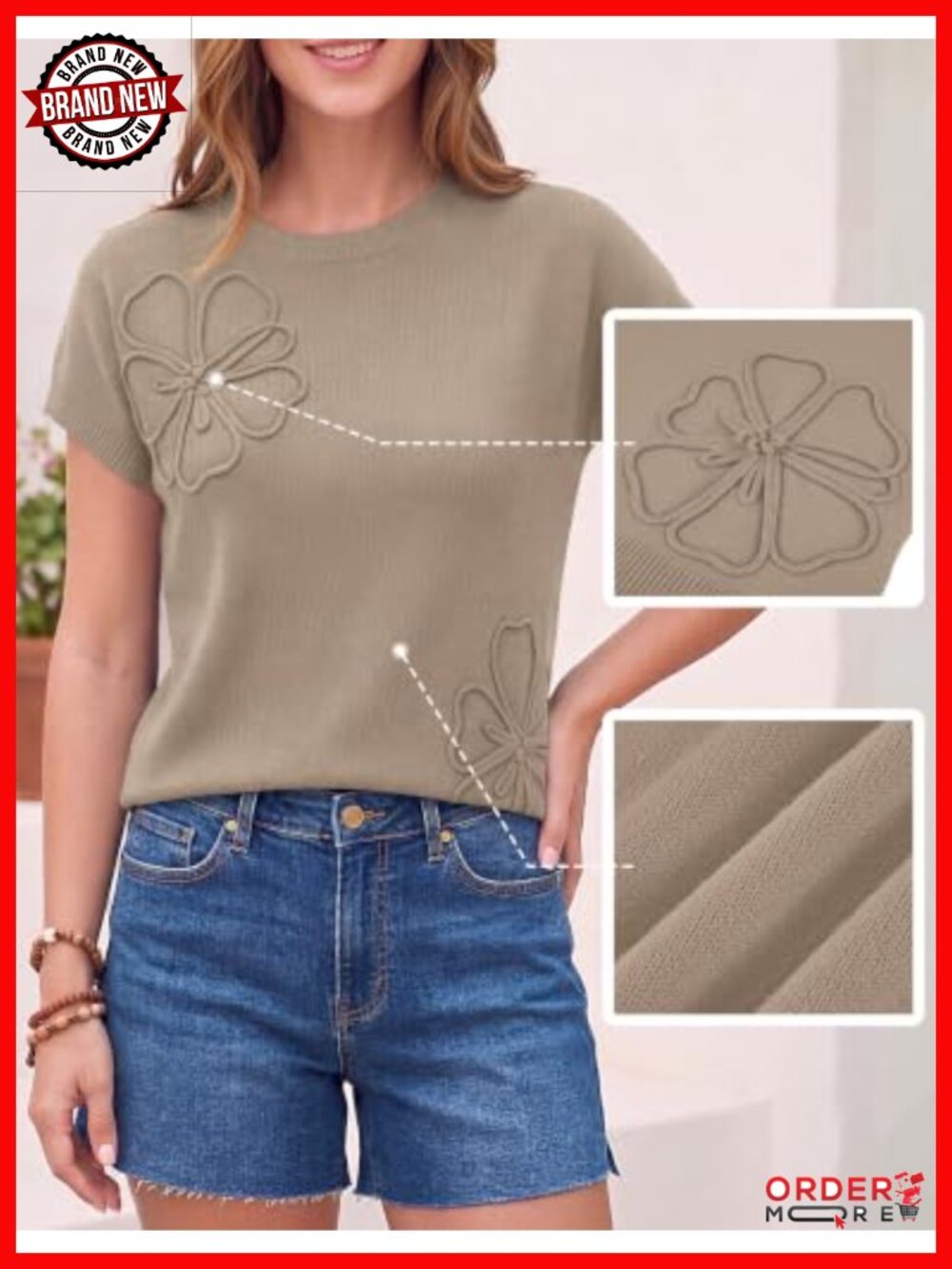 Floral Short Sleeve Sweater Vest Cap Sleeve Crew Neck Knit Work Top - Picture 4 of 6